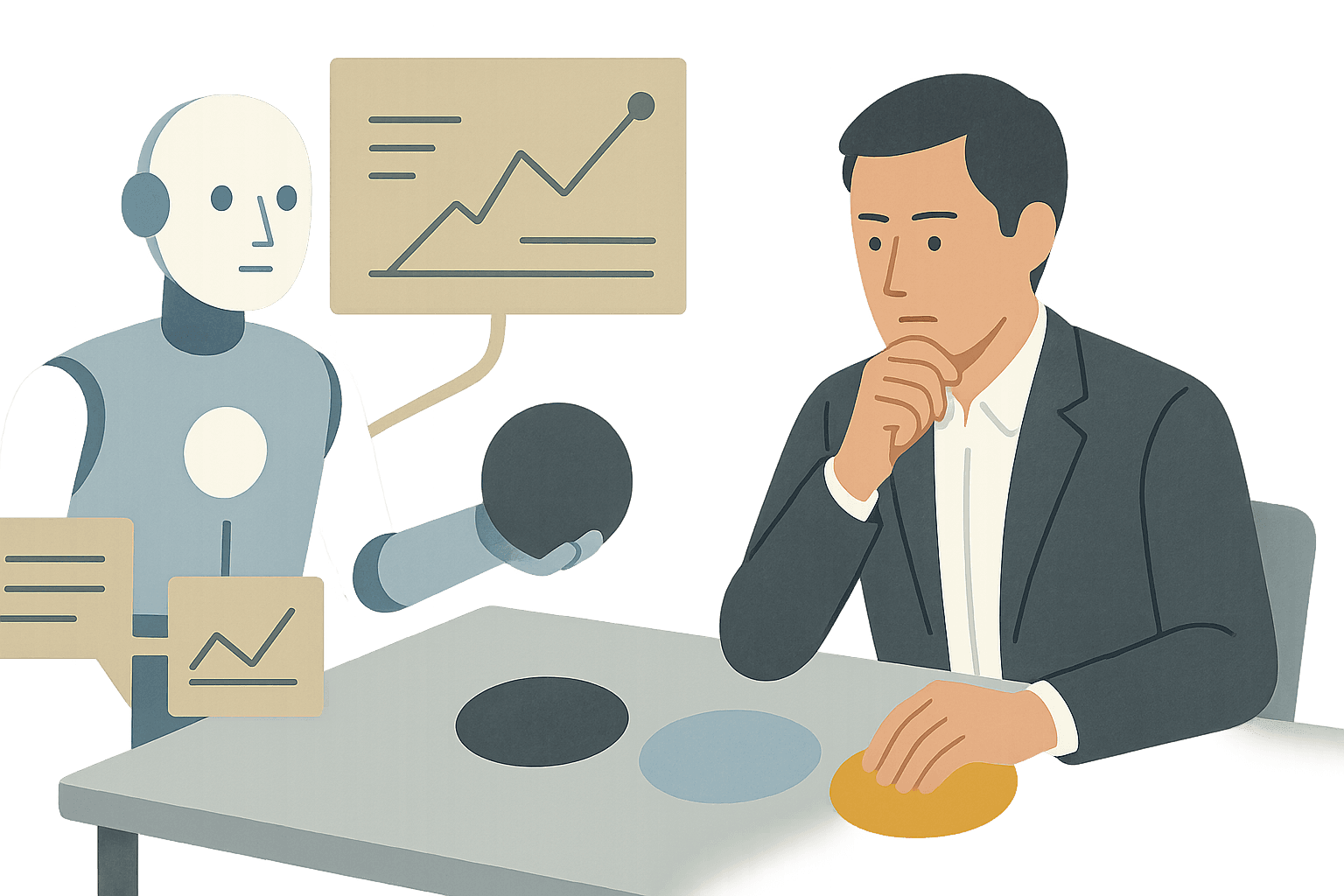 経営者がAI参謀と机上の三つの選択肢を比較し、判断材料を確認するイラスト